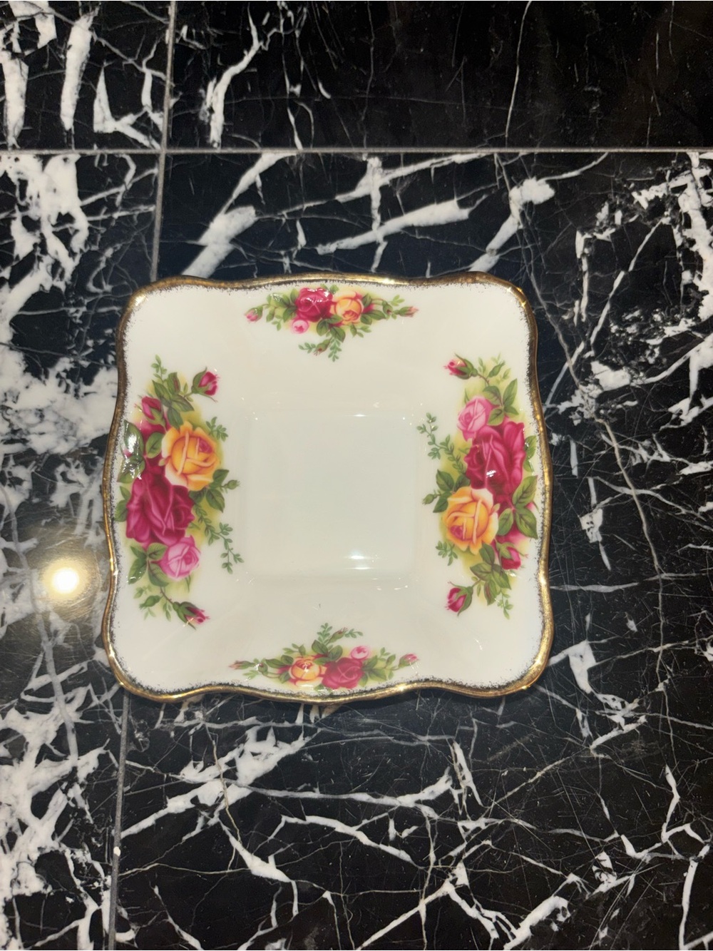 Royal Albert Square Porcelain Dessert Plate with Pink & Yellow Rose Motif